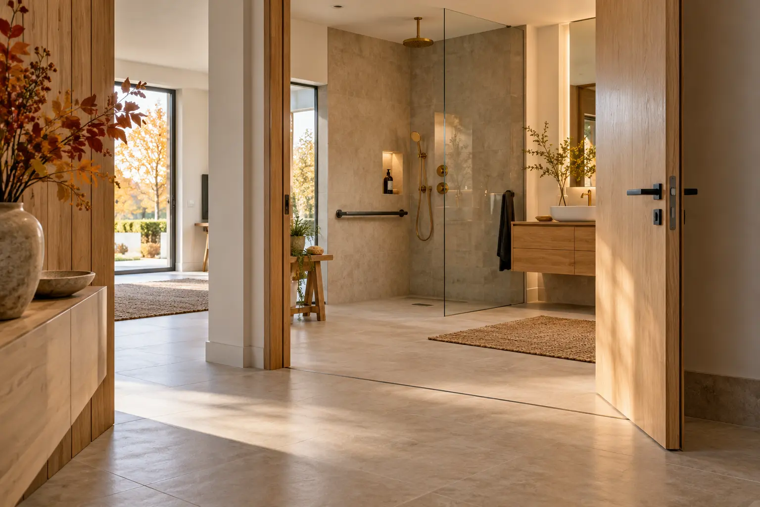 KI-Symbolbild: Großzügiger schwellenfreier Durchgang zu einem modernen Bad mit bodengleicher Dusche und Haltegriff; kein reales Immobilienangebot.