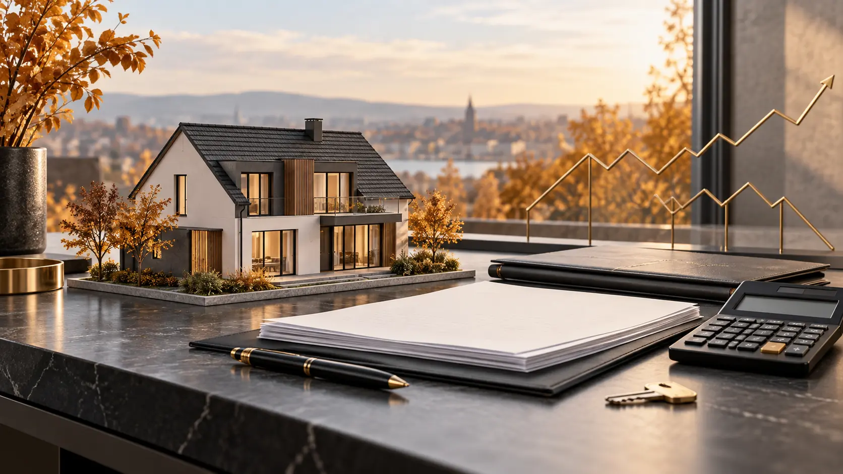 KI-Symbolbild: Hausmodell, geordnete Finanzierungsunterlagen, Rechner und goldene Marktkurven als Sinnbild für eine vorbereitete Baufinanzierung; kein reales Immobilienangebot.