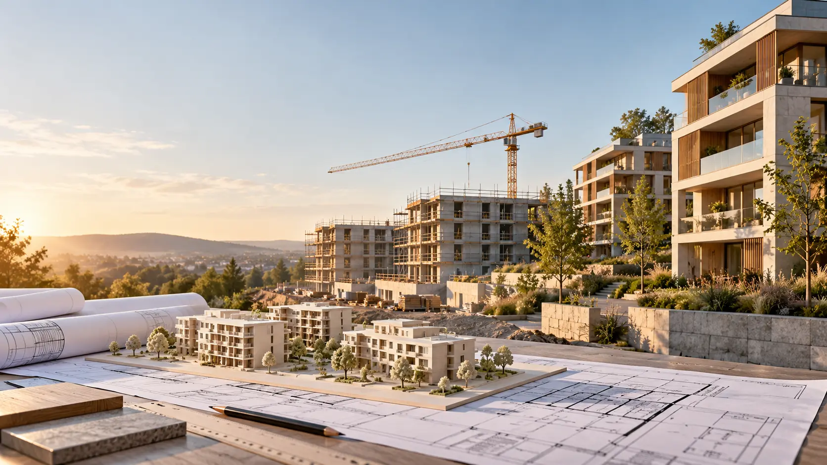 KI-Symbolbild: Architekturmodell, Baupläne und moderne Wohngebäude in verschiedenen Bauphasen als Sinnbild für mehr Baugenehmigungen; kein reales Immobilienangebot.