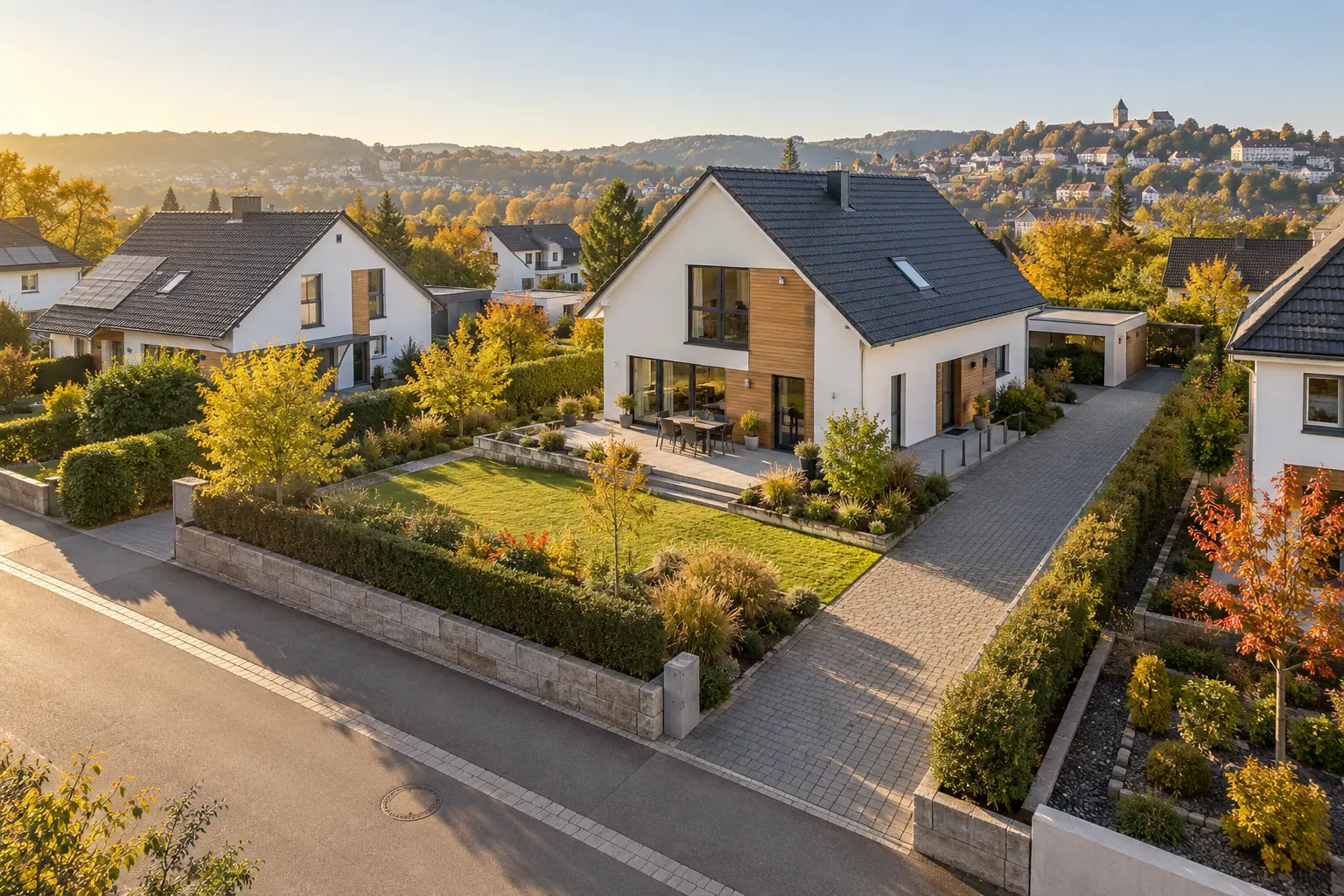 KI-Symbolbild: Wohnhaus mit Nachbargrundstück, gemeinsamer Zufahrt und gut erkennbaren Grundstücksbereichen in herbstlicher Landschaft bei Schwäbisch Hall; kein reales Immobilienangebot.