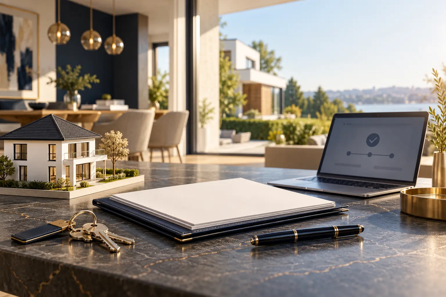 KI-Symbolbild: Schlüssel, notarielle Unterlagen und Laptop vor einem modernen Wohnhaus als Sinnbild für die Kaufpreiszahlung; kein reales Objekt.