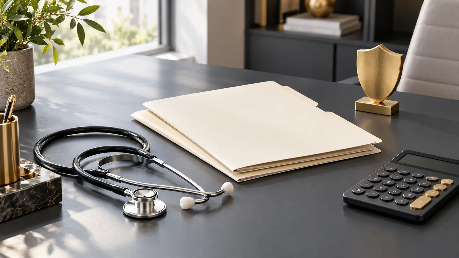 KI-Symbolbild: Stethoskop, Unterlagen und Schutzsymbol zum Vergleich der Krankenversicherung