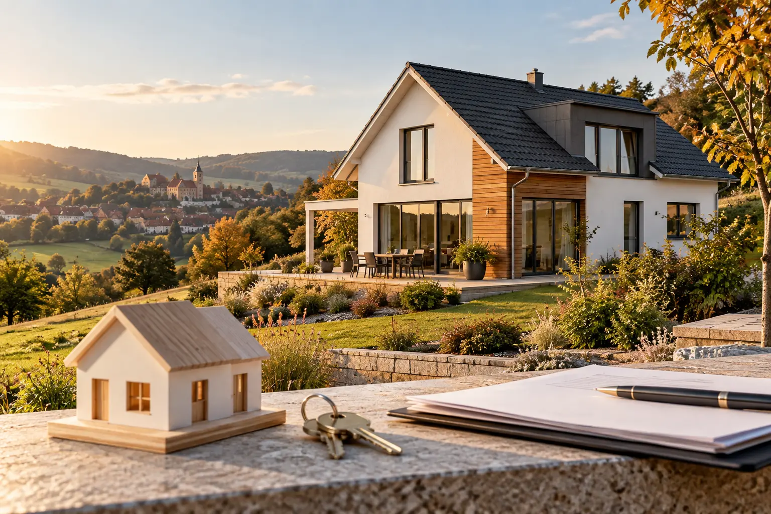 KI-Symbolbild: modernes Wohnhaus in süddeutscher Landschaft mit Hausschlüssel und neutralen Finanzierungsunterlagen; kein reales Objekt.