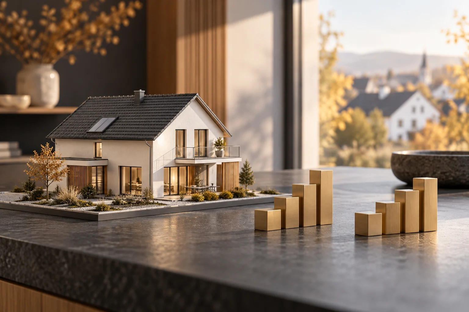 KI-Symbolbild: helles Architekturmodell eines Wohnhauses auf anthrazitfarbenem Tisch mit dezenten Messingelementen als Sinnbild für flexible Finanzierungsraten.