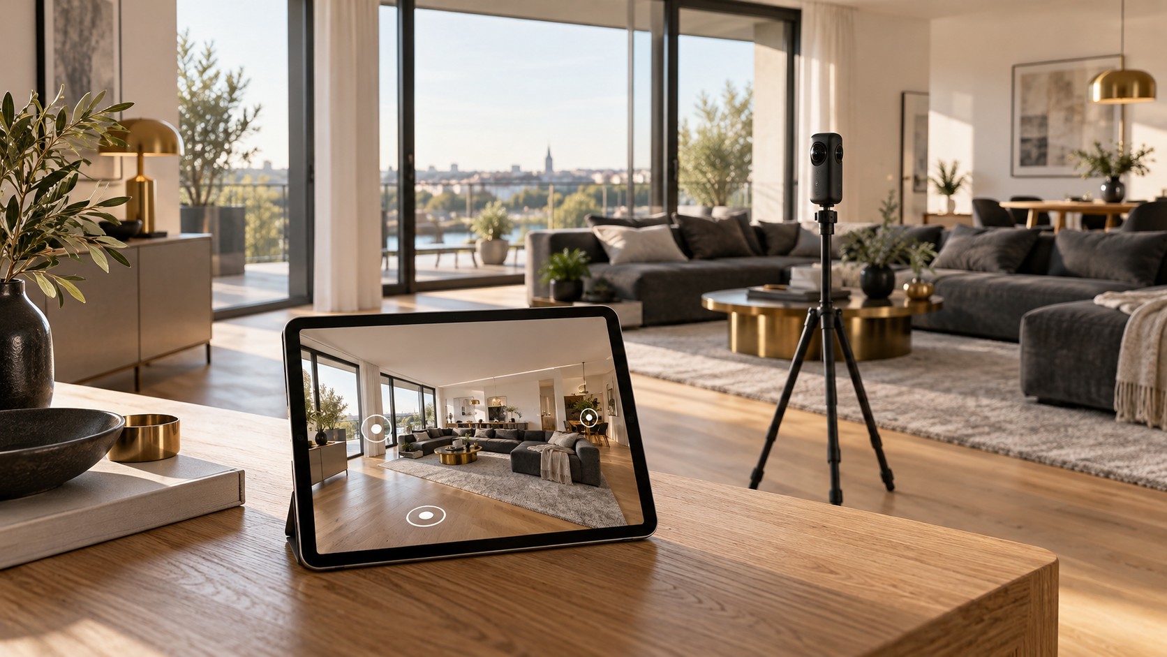 KI-Symbolbild: 360°-Kamera und Tablet mit virtuellem Rundgang in einem Wohnzimmer; kein reales Immobilienangebot.