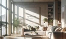 Modernes, gemütliches Wohnzimmer mit Sonnenlicht, das durch große Fenster strömt, und einem einladenden Sofa. Stilvolle Einrichtung und grüne Zimmerpflanzen vermitteln Wärme und das Potenzial für neue Anfänge in einem Zuhause, das bald den Besitzer wechseln könnte.